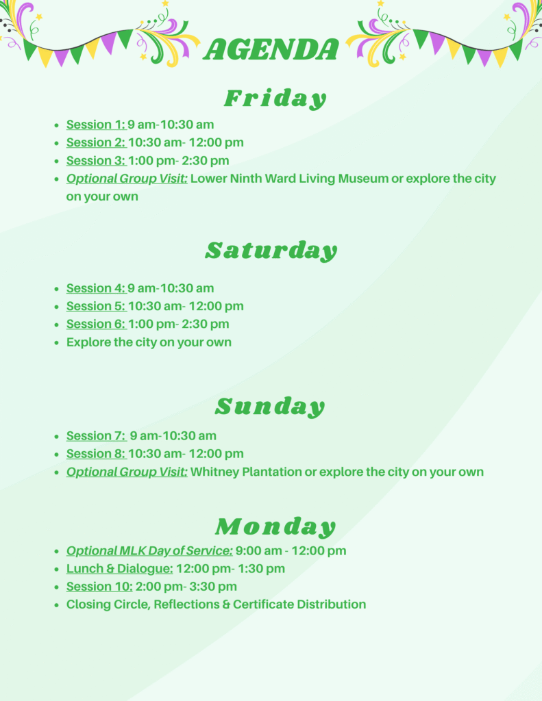 New Orleans retreat agenda CE sessions are from 9 am - 2 pm with the afternoons spent exploring the city on your own or with the group